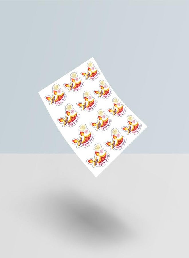 D2C 88-Piece Happy Diwali Diya-Shaped Stickers - 1.35 Inch Traditional Oil Lamp Design with Fireworks & Flames, Self-Adhesive Festival Gift Wrap Labels (Authentic Diya Shape) - Image 3